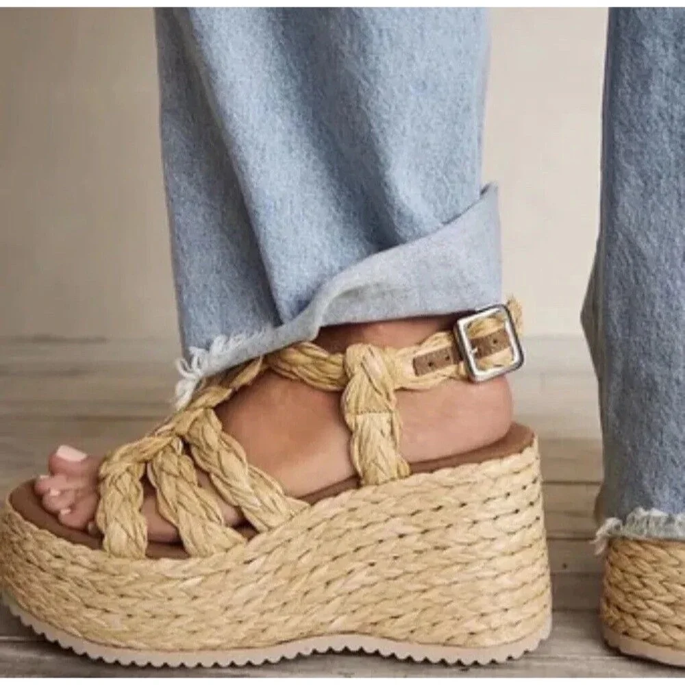 Free People Platform Sandals Beige Raffia Rendevous Braided Weave Shoes Size 10